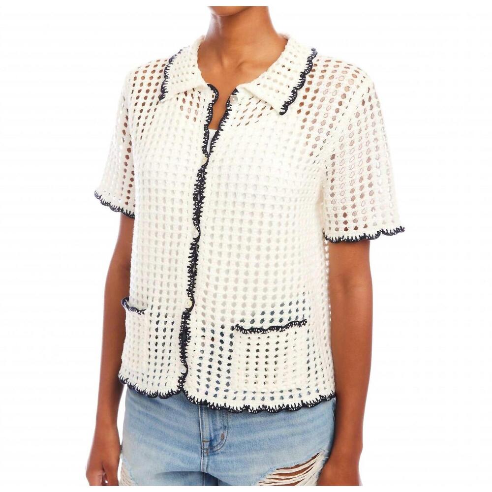 NEW FIFTEEN TWENTY gemma crochet shirt in off white with navy